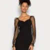 Even&Odd Long Puff Sleeves Rushing Bodycon Dress - Cocktailkjole - Black
